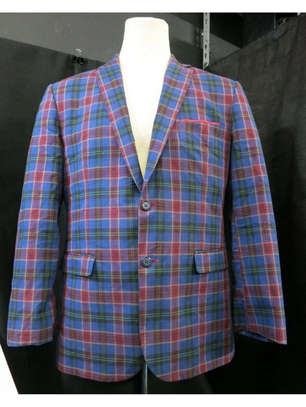 Lanzino Mens XL Navy Blue Marron Plaid Two Button Blazer